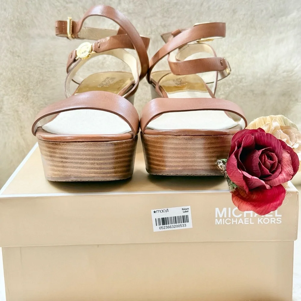 New with tags MICHAEL KORS JALITA CHARM platform SANDAL color, “Luggage”Leather - Picture 5 of 16